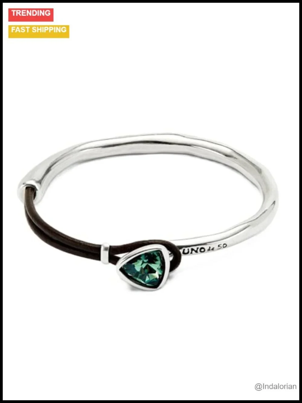 Uno de 50 Rigid Leather Bracelet with Green Crystal